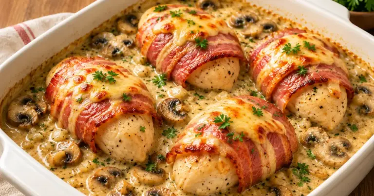 Kipfilets omwikkeld met spek in romige champignonsaus uit de oven