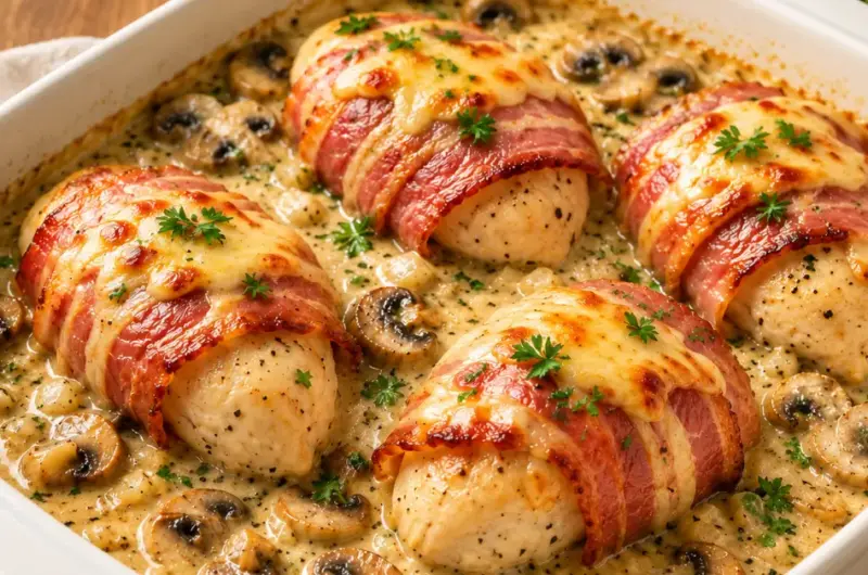 Kipfilets omwikkeld met spek in romige champignonsaus