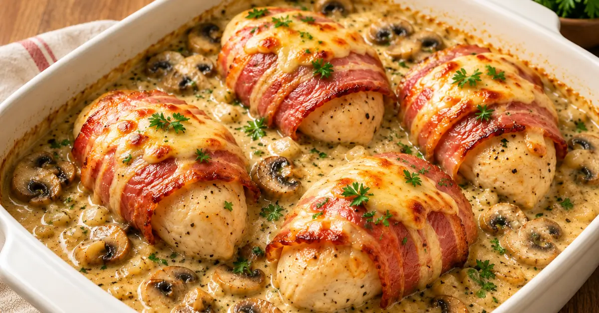 Kipfilets omwikkeld met spek in romige champignonsaus uit de oven
