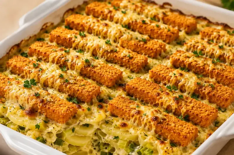Ovenschotel met vissticks, prei en aardappel