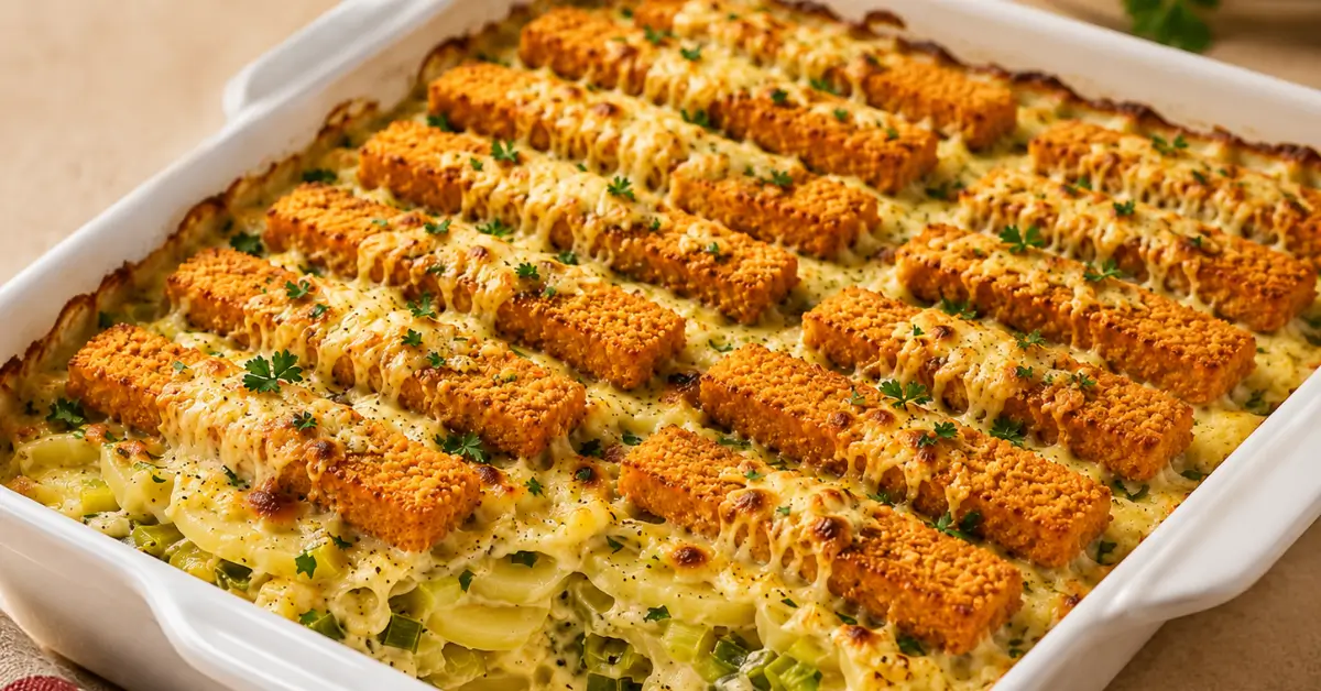 Ovenschotel met vissticks, prei en aardappel met gesmolten kaas