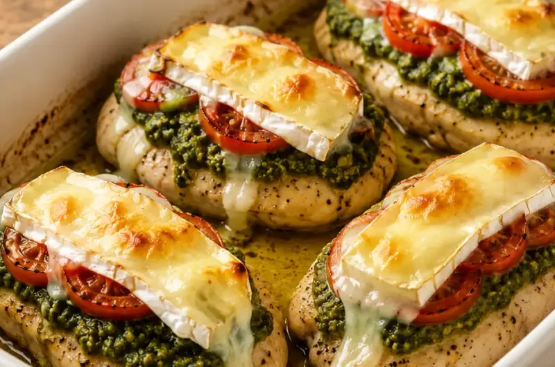 Kipfilet met pesto, tomaten en brie uit de oven