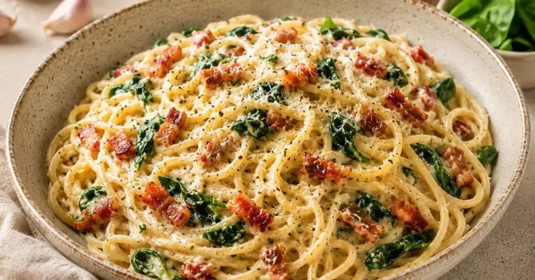 Spaghetti met Boursin en spekjes met spinazie en Parmezaanse kaas