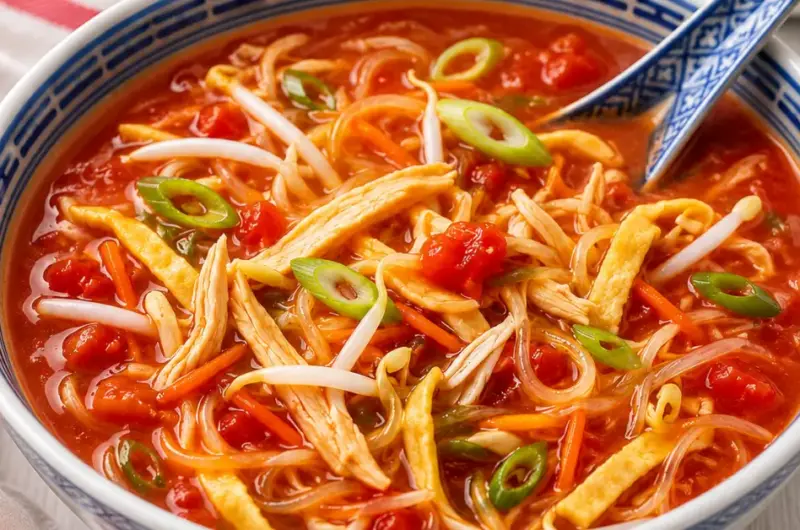 Chinese tomatensoep met kip en groenten