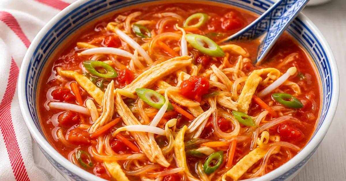Chinese tomatensoep met kip en groenten in een kom