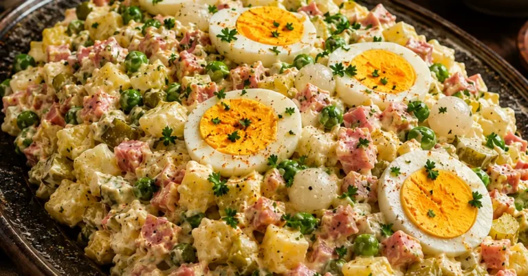 Klassieke Hollandse huzarensalade met aardappelen, ham en ei