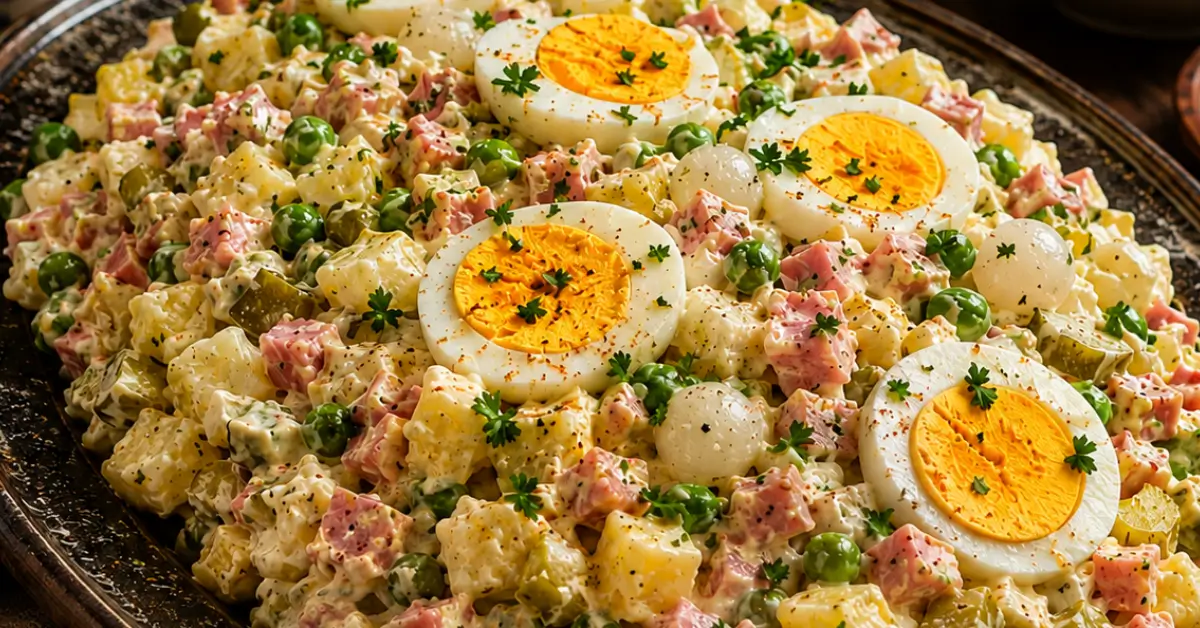 Klassieke Hollandse huzarensalade met aardappelen, ham en ei