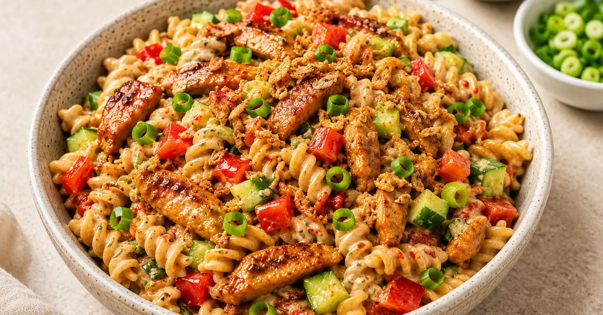 Koude kip-ketjap pastasalade met paprika, komkommer en bosui