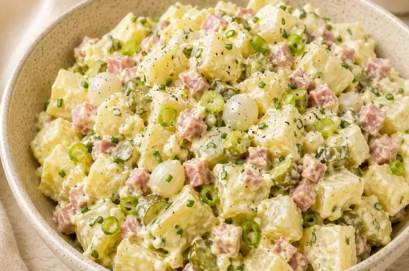 Aardappelsalade met hamblokjes