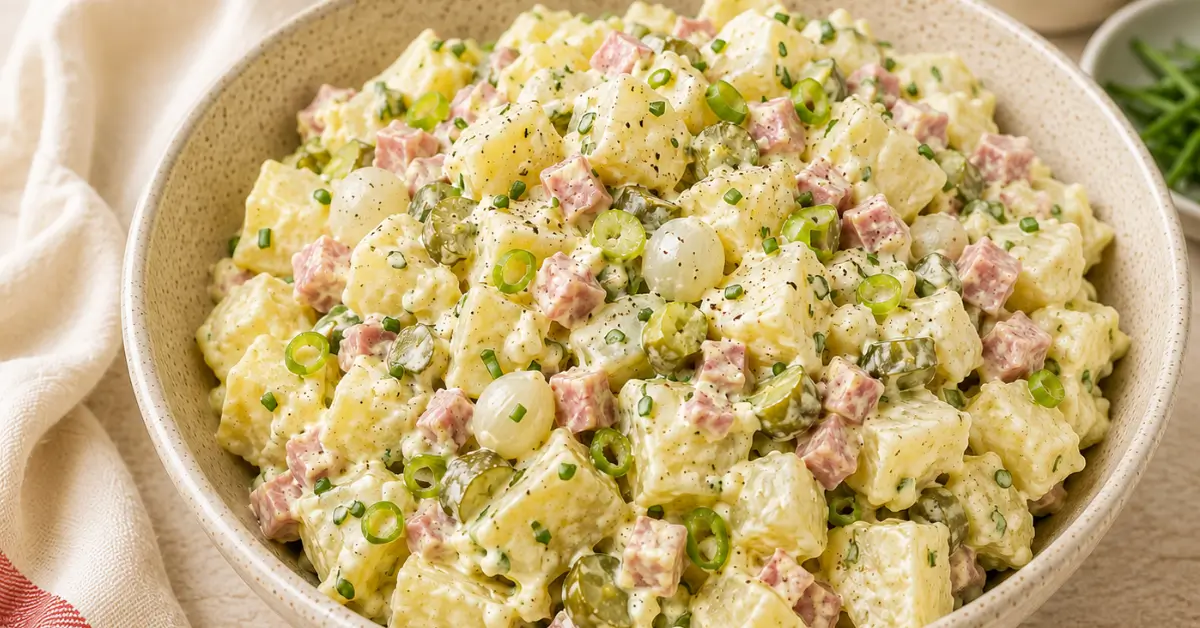 Aardappelsalade met hamblokjes, augurk en lente-ui