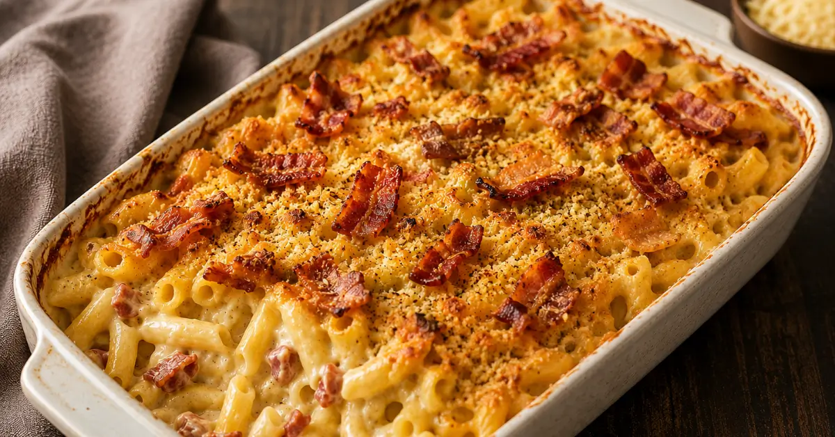 Ovenschotel carbonara met spek en goudbruin kaaskorstje