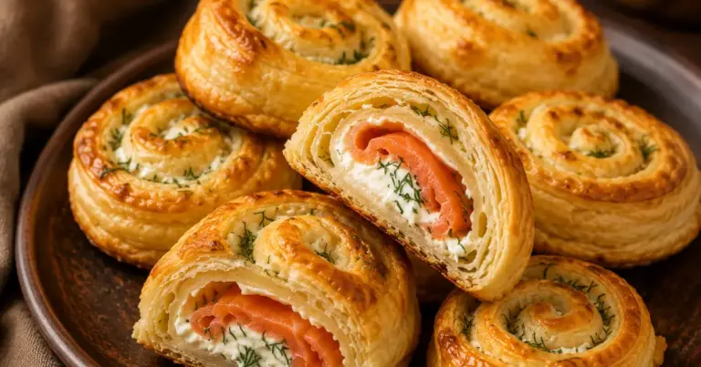 Gerookte zalm met dille in bladerdeeg, goudbruin gebakken rolletjes