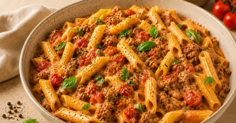 Romige gehaktpasta met Boursin en verse basilicum