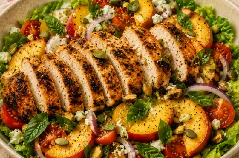 Salade met perzik en kruidige kip