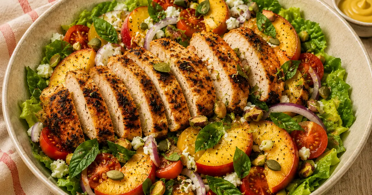 Salade met perzik en kruidige kip op een grote schaal