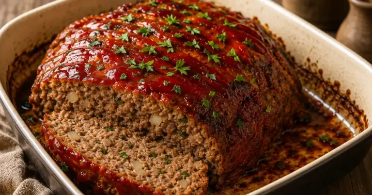 Gehaktbrood uit de oven met een goudbruine korst en verse peterselie