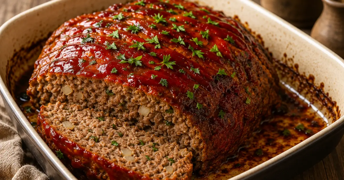 Gehaktbrood uit de oven met een goudbruine korst en verse peterselie