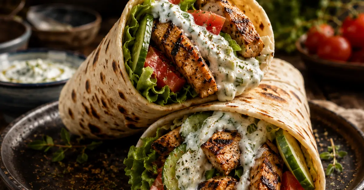 Frisse kip-tzatziki wraps met komkommer, sla en tomaat