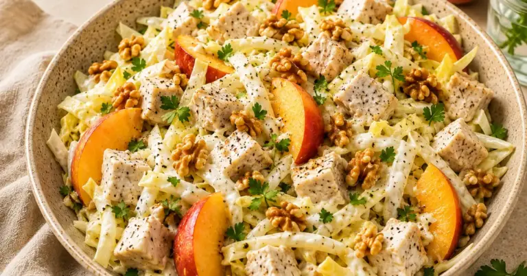 Romige witlofsalade met kip en perzik met walnoten