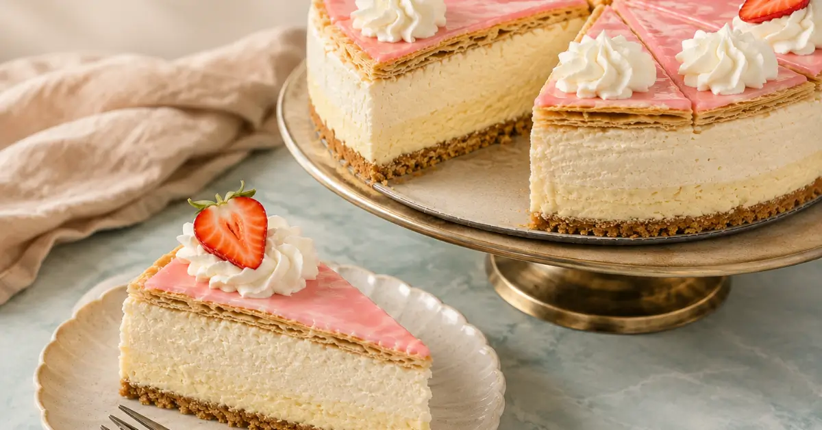 Tompouce cheesecake met roze glazuur en slagroom