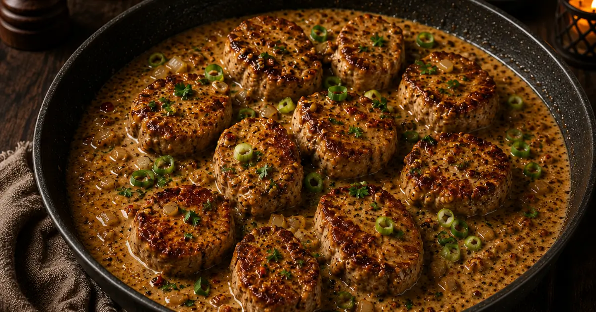 Romige varkenshaas Indisch met ketjap-mosterdsaus in een pan