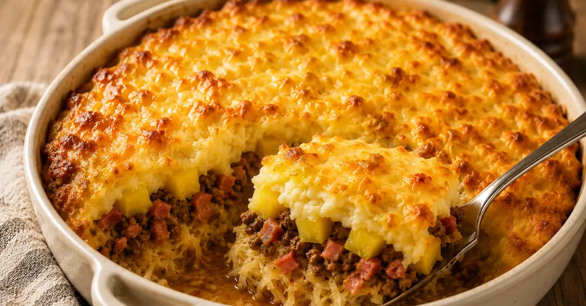 Zuurkoolovenschotel met gehakt, spekjes en ananas uit de oven