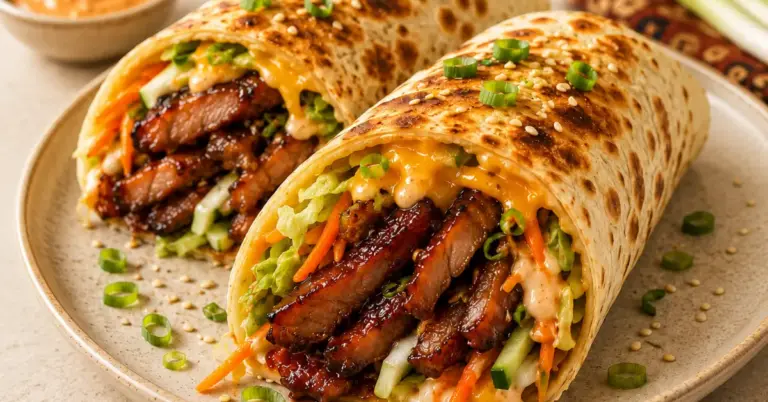 Krokante babi pangang wrap met sticky varkensvlees en frisse groenten