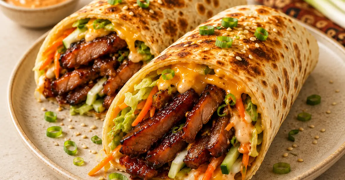 Krokante babi pangang wrap met sticky varkensvlees en frisse groenten