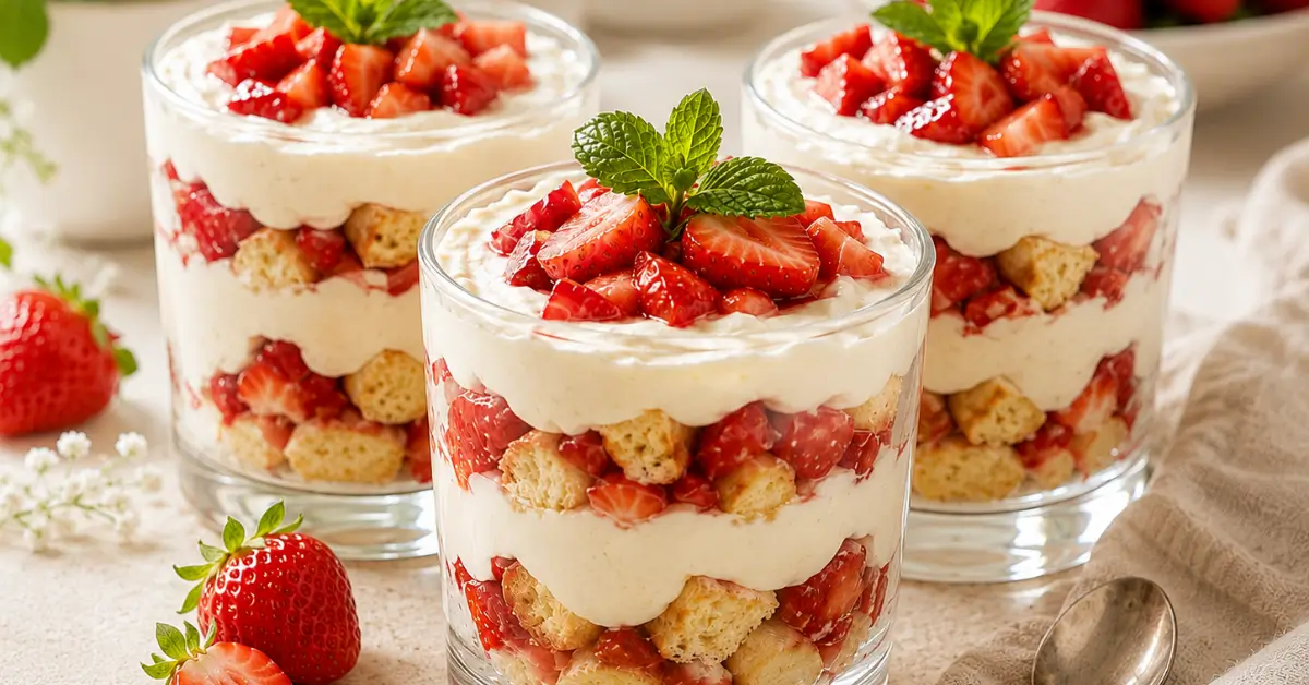 Aardbei tiramisu in een glaasje met verse aardbeien en munt