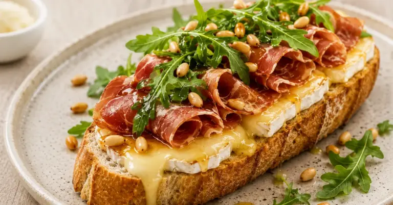 Broodje brie uit de oven met serranoham, rucola en pijnboompitten
