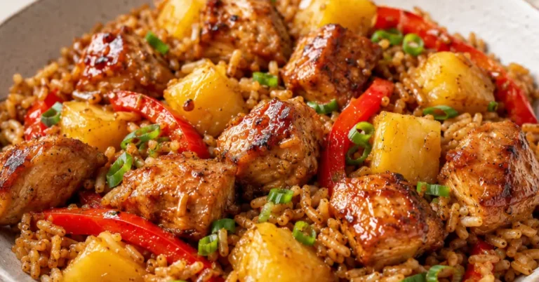 Indonesische ketjap kip one-pot met ananas en paprika in een pan