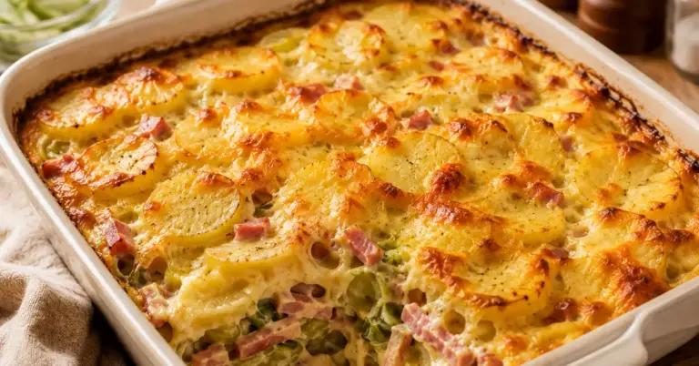 Ovenschotel prei met ham en ei met goudbruine kaas