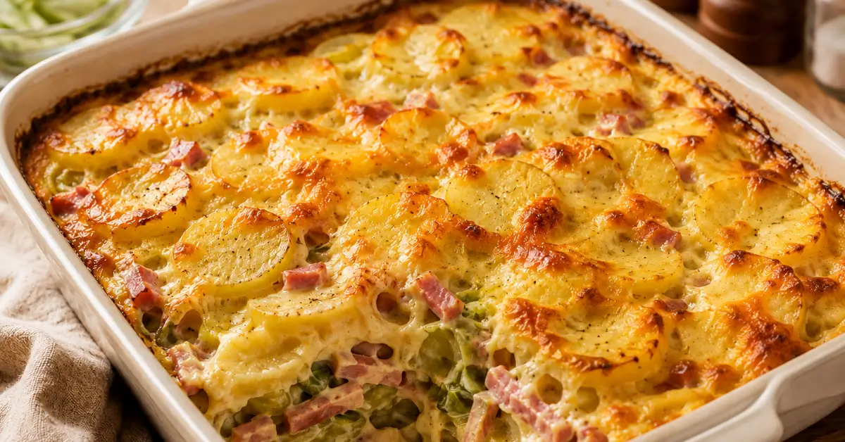 Ovenschotel prei met ham en ei met goudbruine kaas