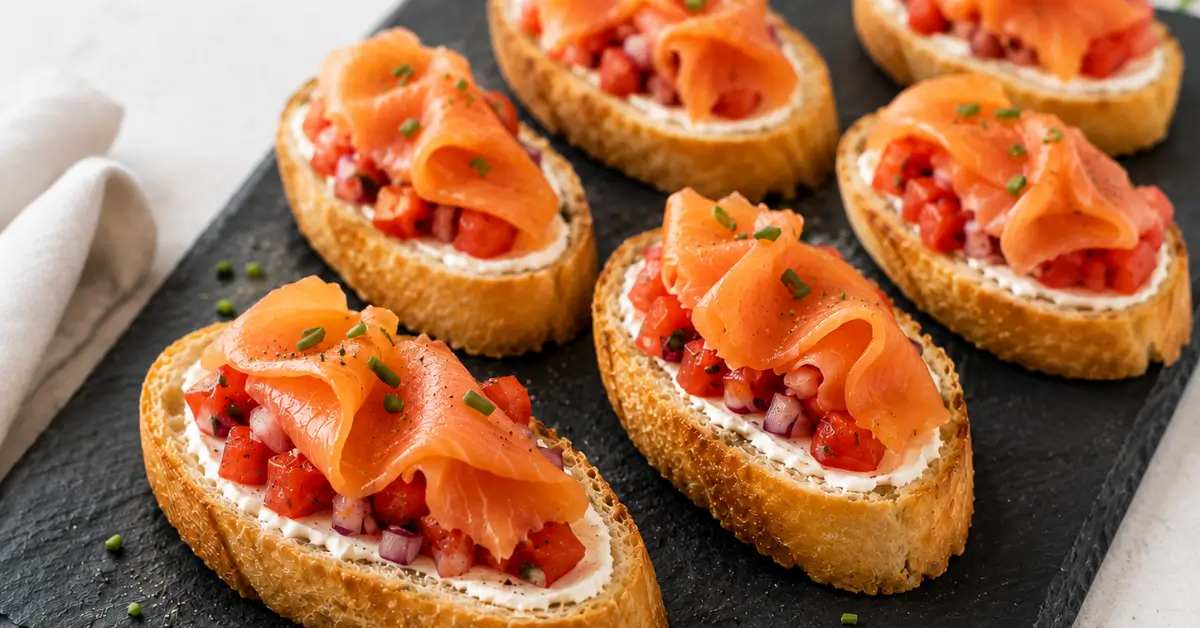 Bruschetta met zalm, roomkaas, tomaat en rode ui