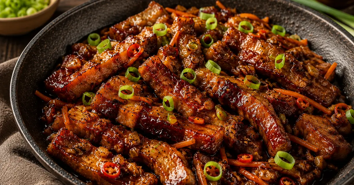 Indische speklapjes in ketjapsaus met rijst en komkommer