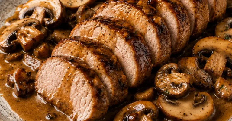 Ketjap varkenshaas met romige champignons op een bord