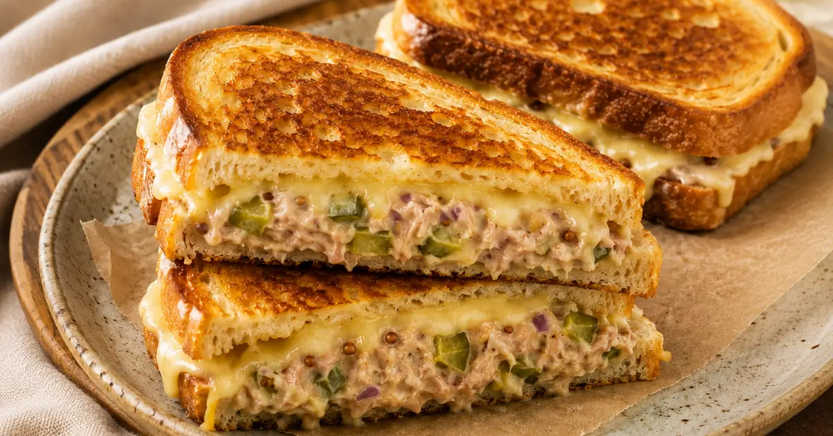 Tuna melt met tonijn, augurk en gesmolten kaas