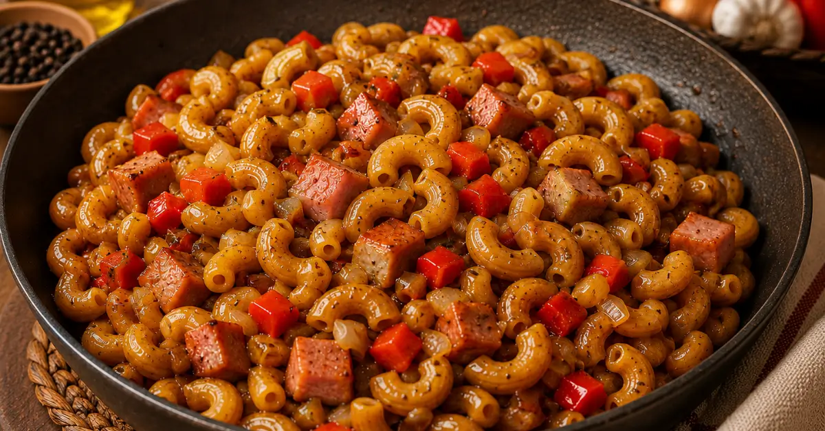 Indische macaroni met ham en ketjap in een kom