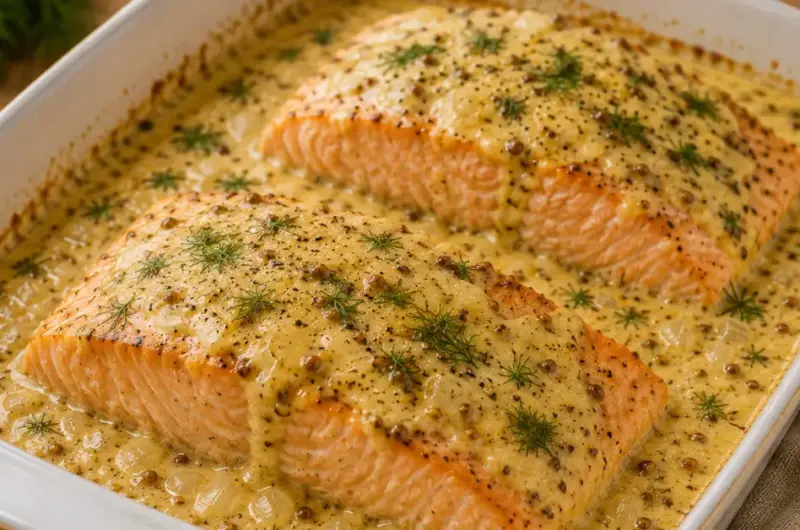 Sappige zalm in honingmosterd-roomsaus met dille uit de oven