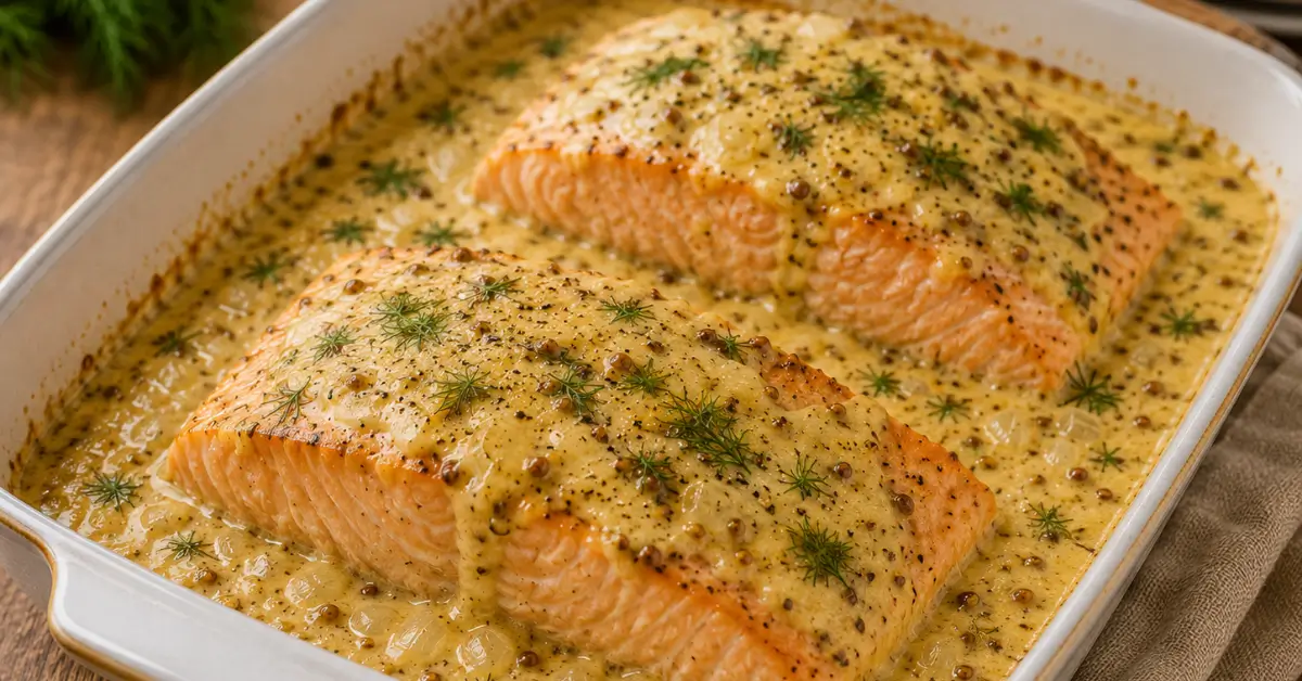 Sappige zalm in honingmosterd-roomsaus met dille uit de oven