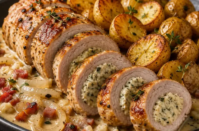 Varkenshaas met Boursin, spek en krieltjes
