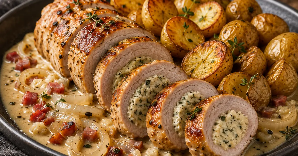 Varkenshaas met Boursin, spek en goudbruine krieltjes