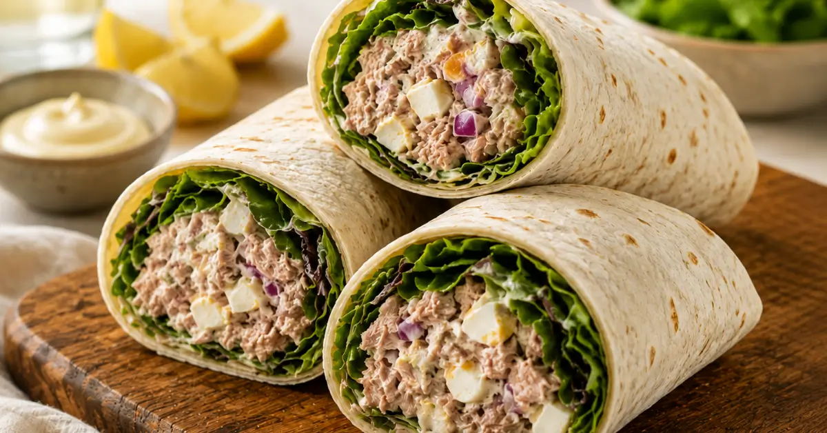 Wrap met tonijnsalade, ei en gemengde sla op een bord