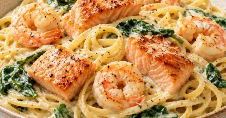 Romige zalmpasta met garnalen en spinazie in een pan