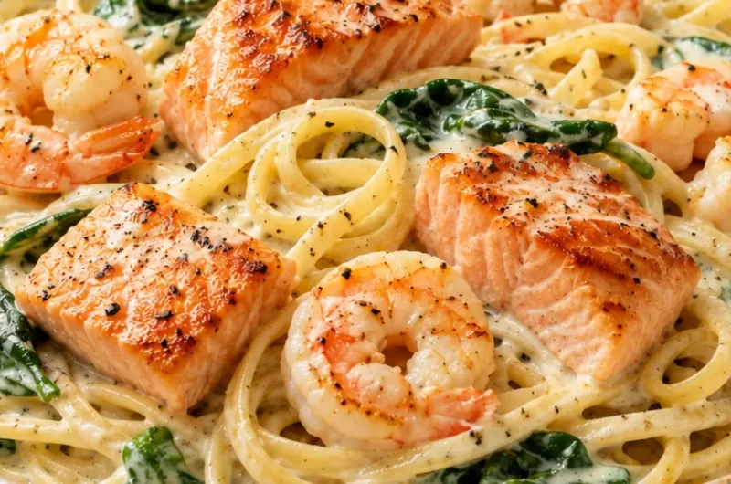 Romige zalmpasta met garnalen en spinazie