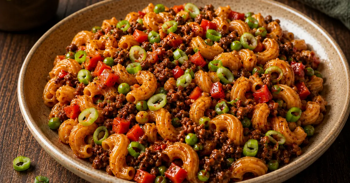 Aziatisch geinspireerde pasta met gehakt, paprika en lente-ui