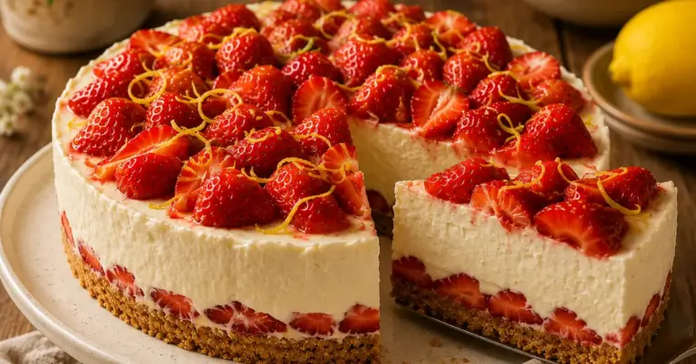 Zomerse Mascarpone Taart met Aardbeien en Limoncello Zonder Oven met verse aardbeien
