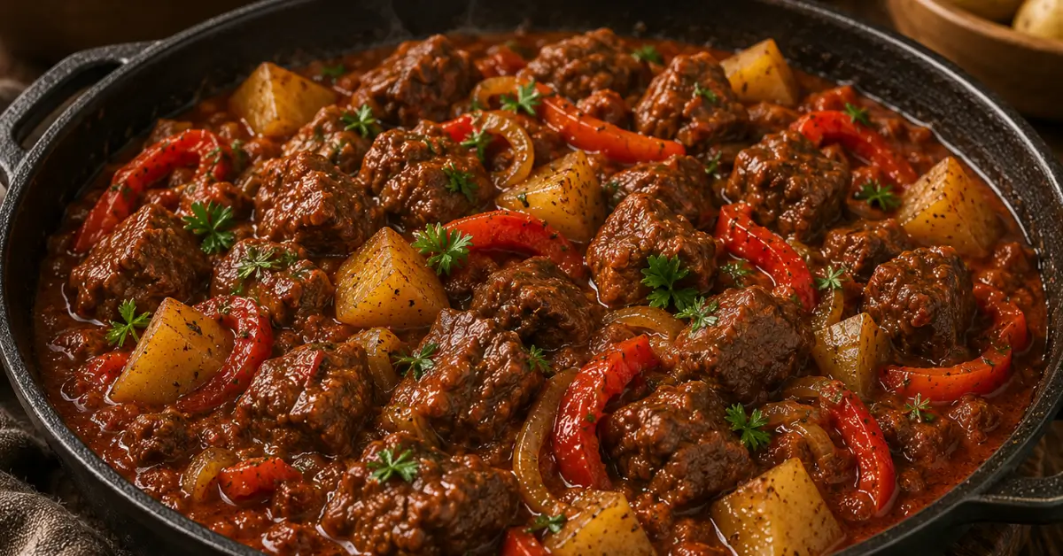 Rundergoulash met paprika en uien in een stoofpan