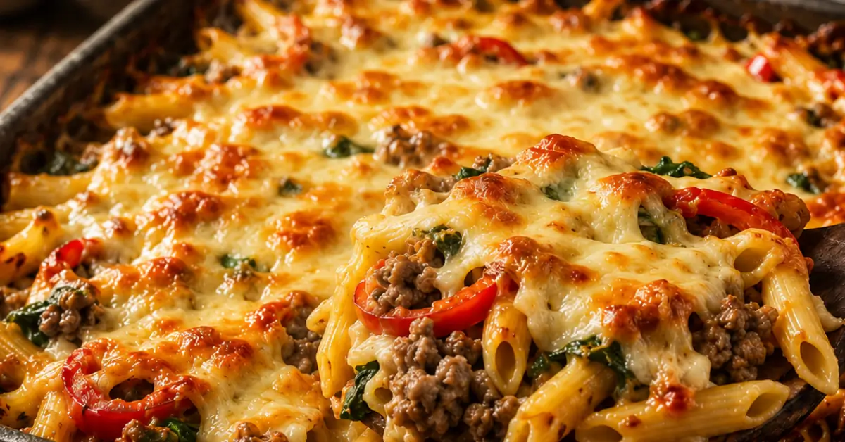 Spinazie-pasta ovenschotel met gehakt en kaas