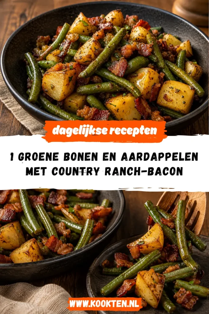 Groene bonen en aardappelen met country ranch-bacon in een pan